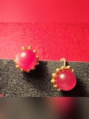 Gold-Accent Pink Cabochon Stud Earrings - Women Jewelry Vintage